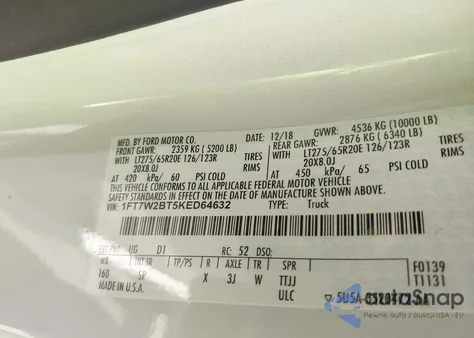 2019 Ford F-250 King Ranch from USA, damaged, VIN 1FT7W2BT5KED64632